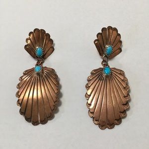 Stamped copper earrings shell drop turquoise gem